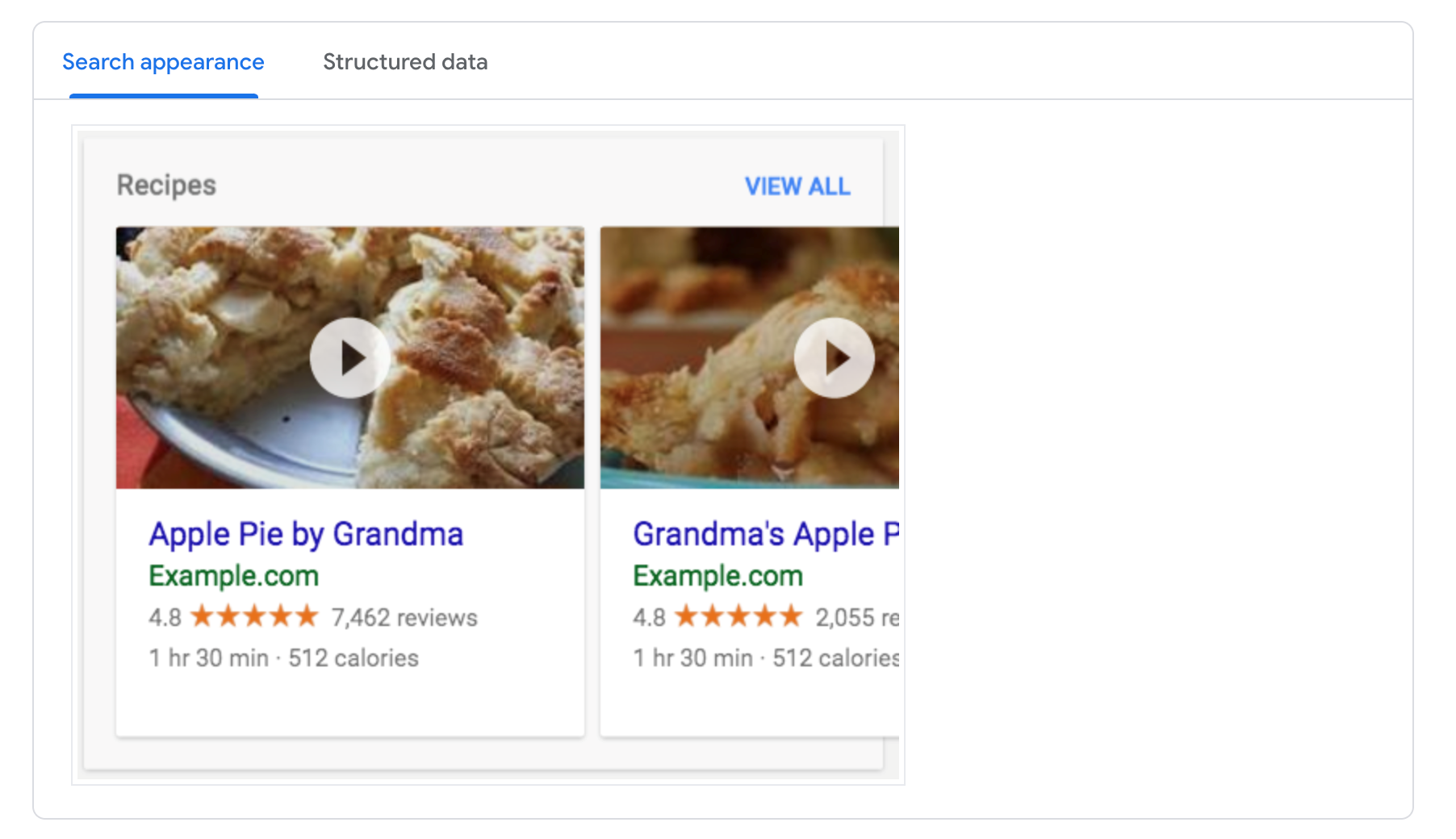 Rich results appearance for a recipe page &quot;apple pie by grandma&quot;